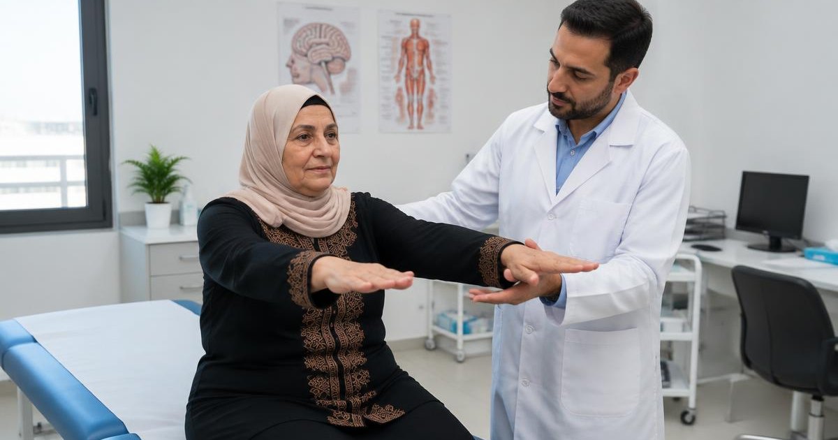 مشهد توضيحي مولّد: فحص حركة الذراعين والوعي