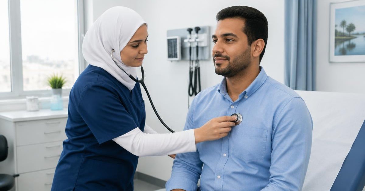 مشهد توضيحي مولّد: تقييم التنفس وألم الصدر في العيادة