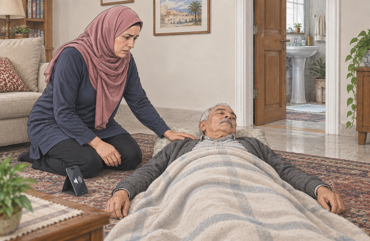 رسم تعليمي: امنع السقوط وساعد المصاب على الاستلقاء