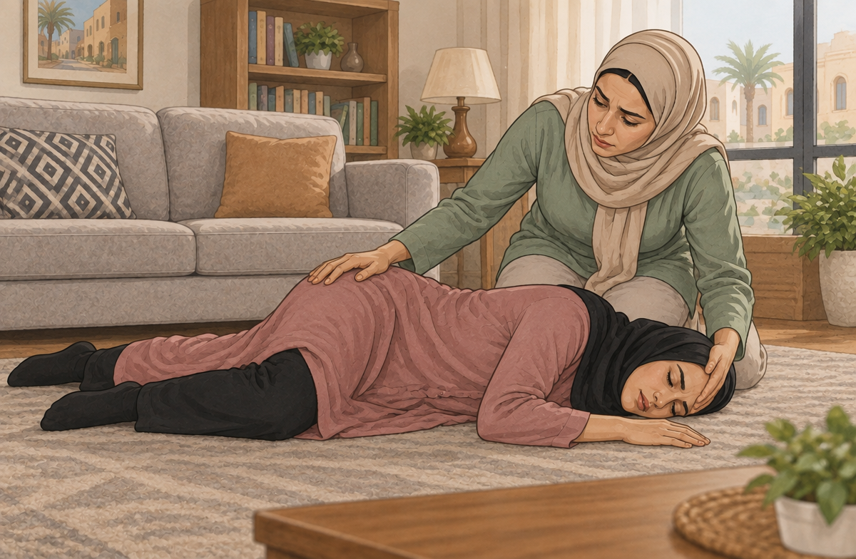 رسم تعليمي: استلقي بأمان أثناء انتظار المساعدة