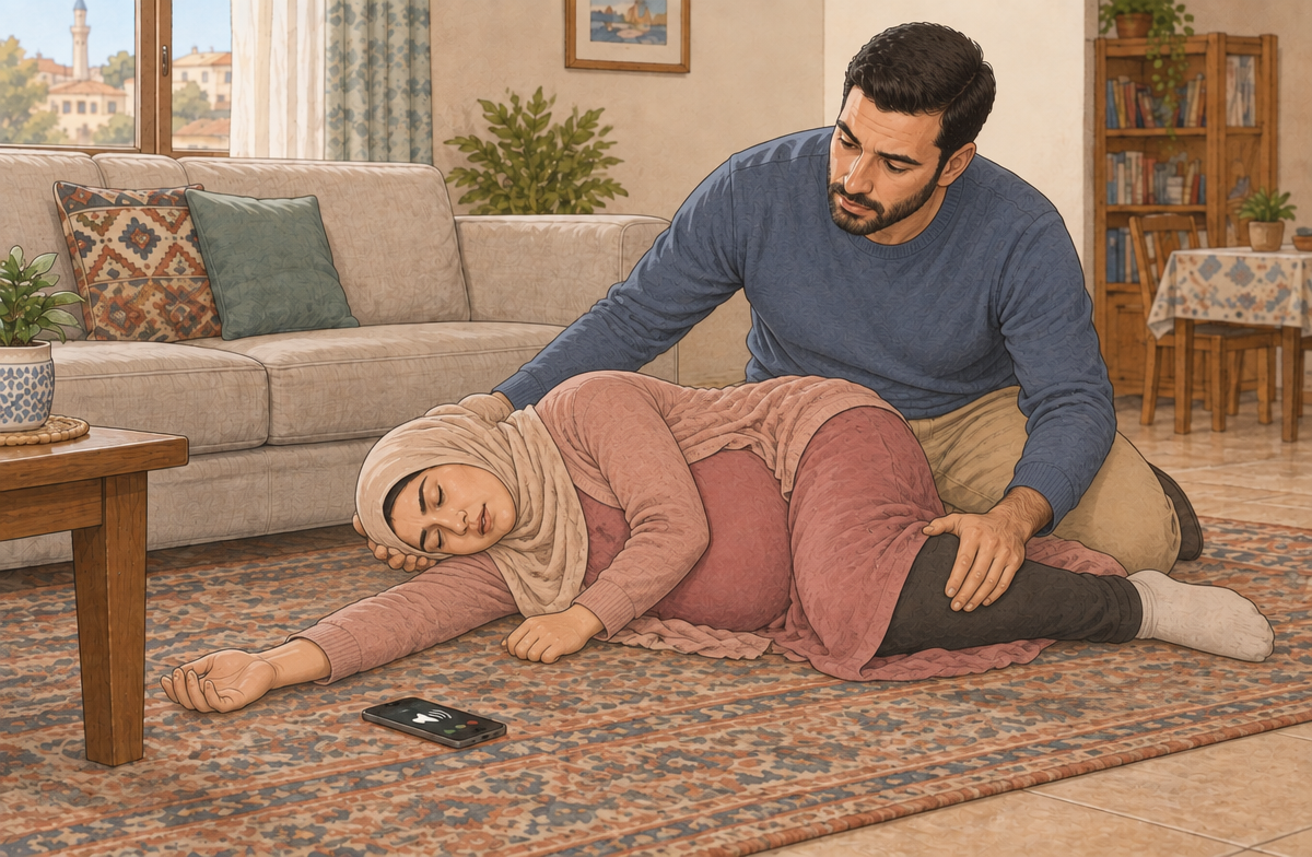 رسم تعليمي: راقبي الوعي والتنفس أثناء انتظار الإسعاف