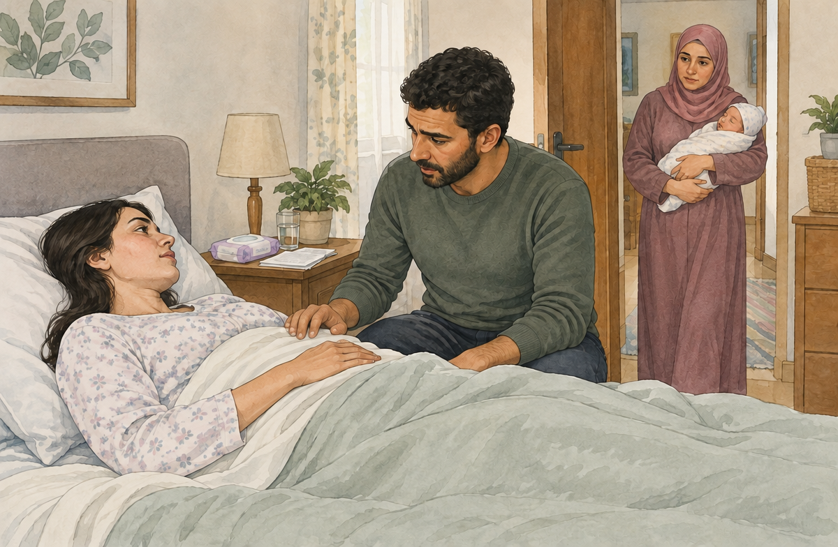 رسم تعليمي: اجعل الأم تستلقي ولا تتركها تمشي