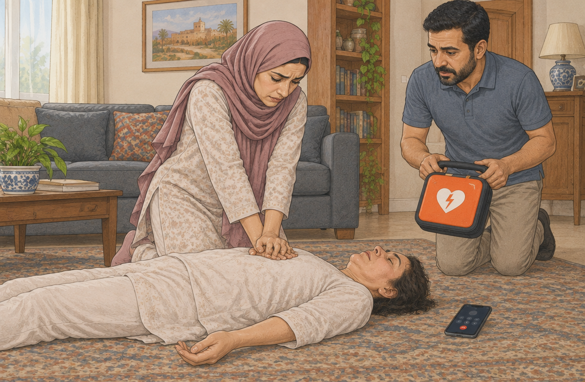 رسم تعليمي: ابدأ الإنعاش إذا غاب التنفس الطبيعي