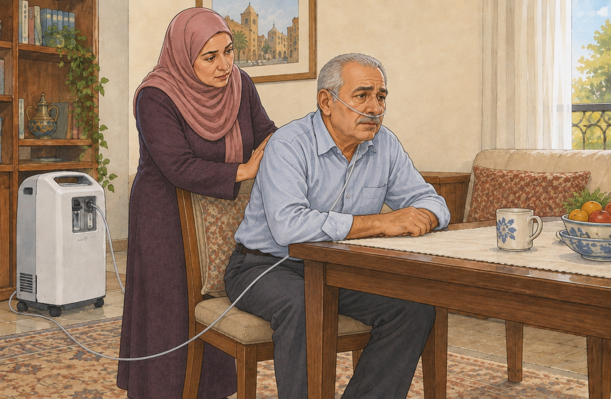 رسم تعليمي: ساعد المريض على اتخاذ وضع مريح للتنفس