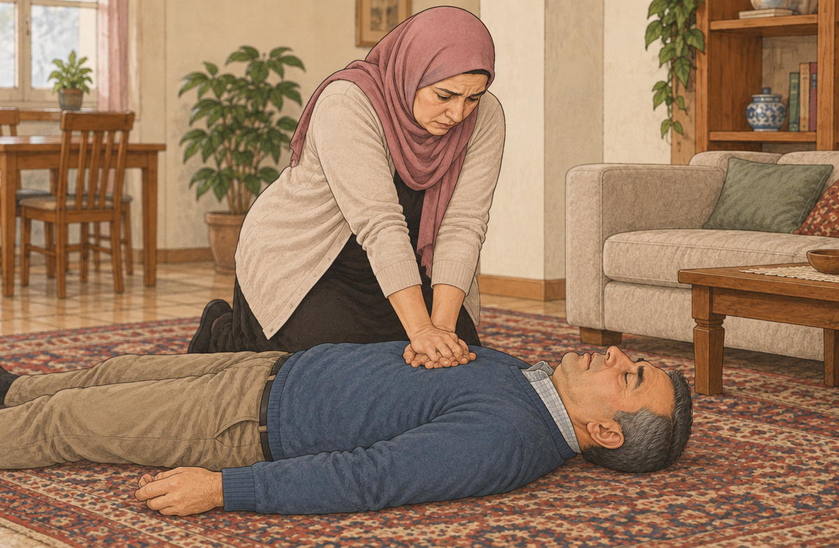 رسم تعليمي: ابدأ الإنعاش عند غياب التنفس الطبيعي