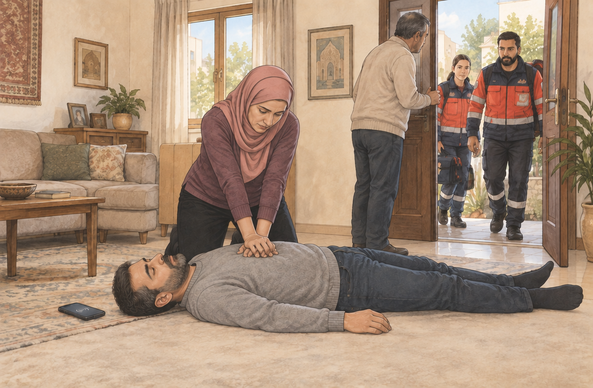 رسم تعليمي: افحص الاستجابة والتنفس وتصرف فورا