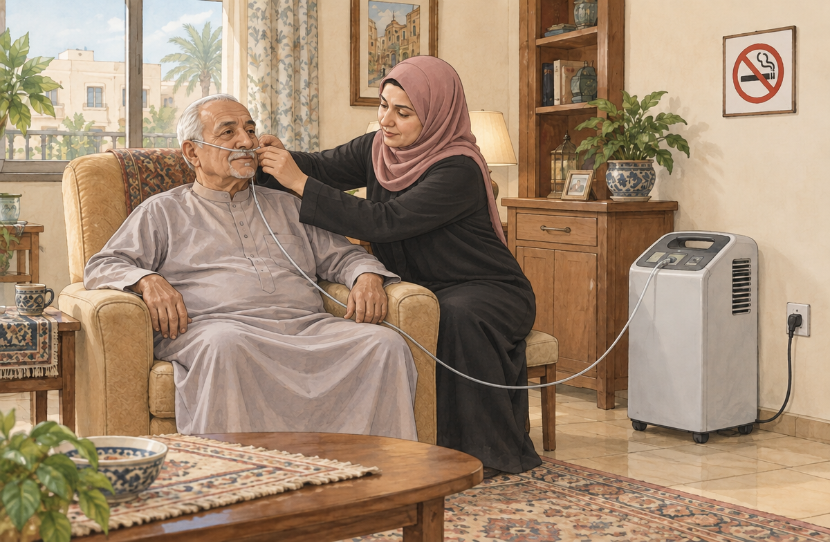 رسم تعليمي: ضع القنية وساعد المريض على وضع مريح