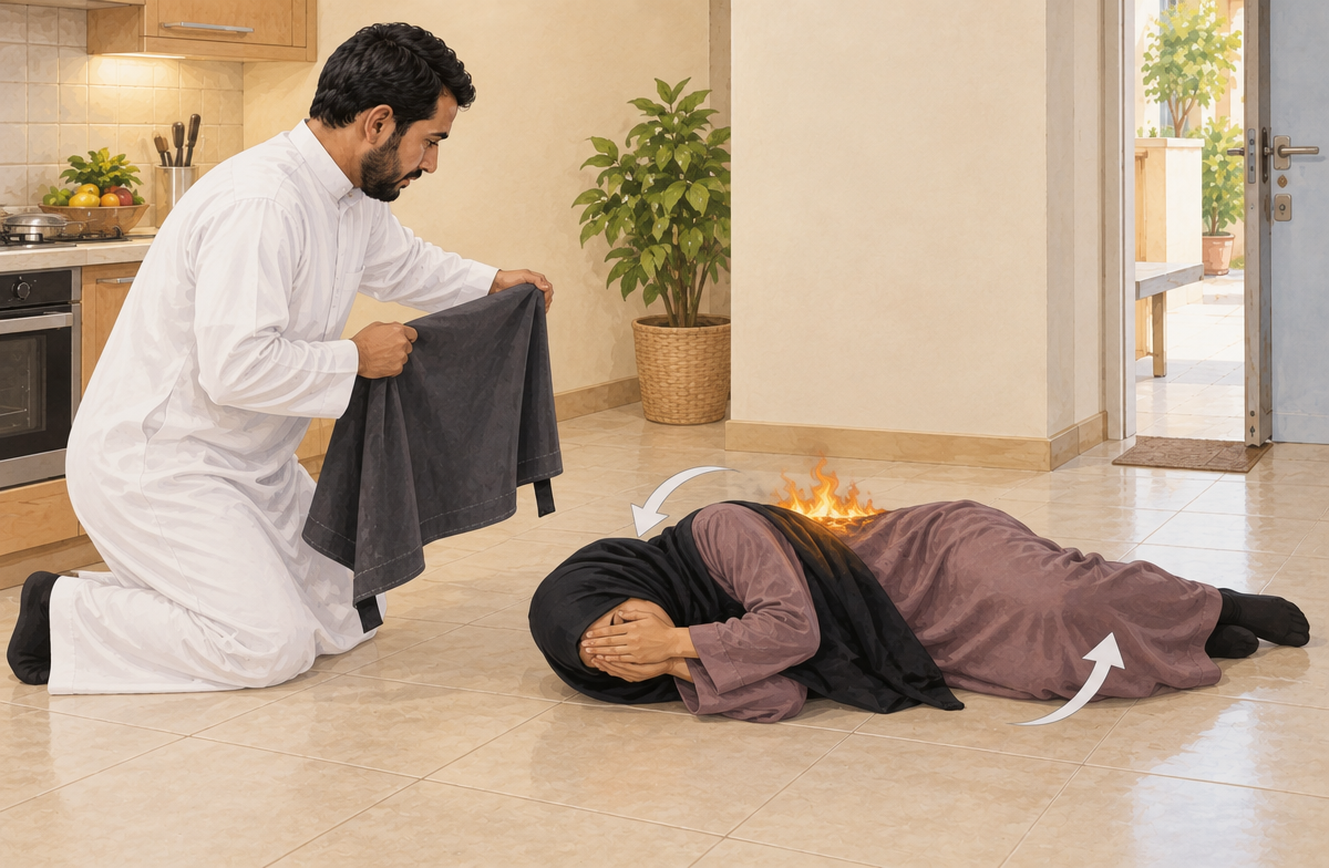 رسم تعليمي: عند اشتعال الملابس أوقف الحركة وأخمد اللهب
