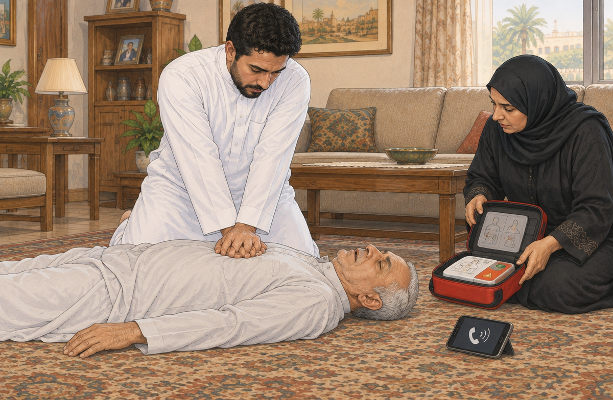 رسم تعليمي: ابدأ الإنعاش إذا غاب التنفس الطبيعي