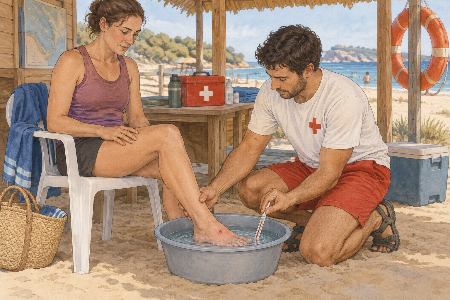 رسم تعليمي: اغمر موضع اللسعة في ماء ساخن محتمل