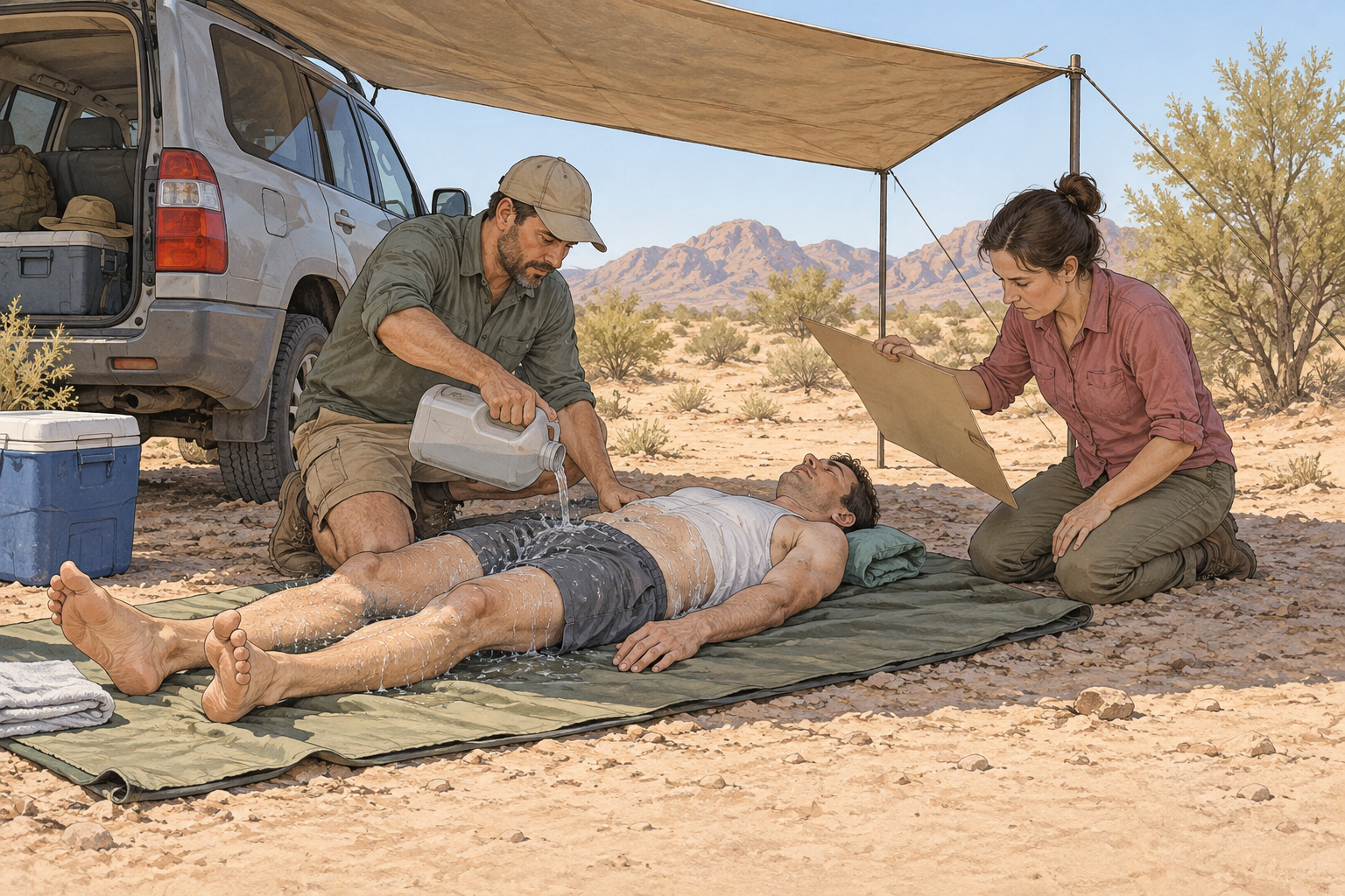 رسم تعليمي: برد المصاب بسرعة عند الاشتباه بضربة الحرارة