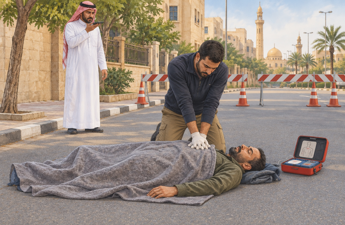 رسم تعليمي: ابدأ الإنعاش إذا غاب التنفس الطبيعي