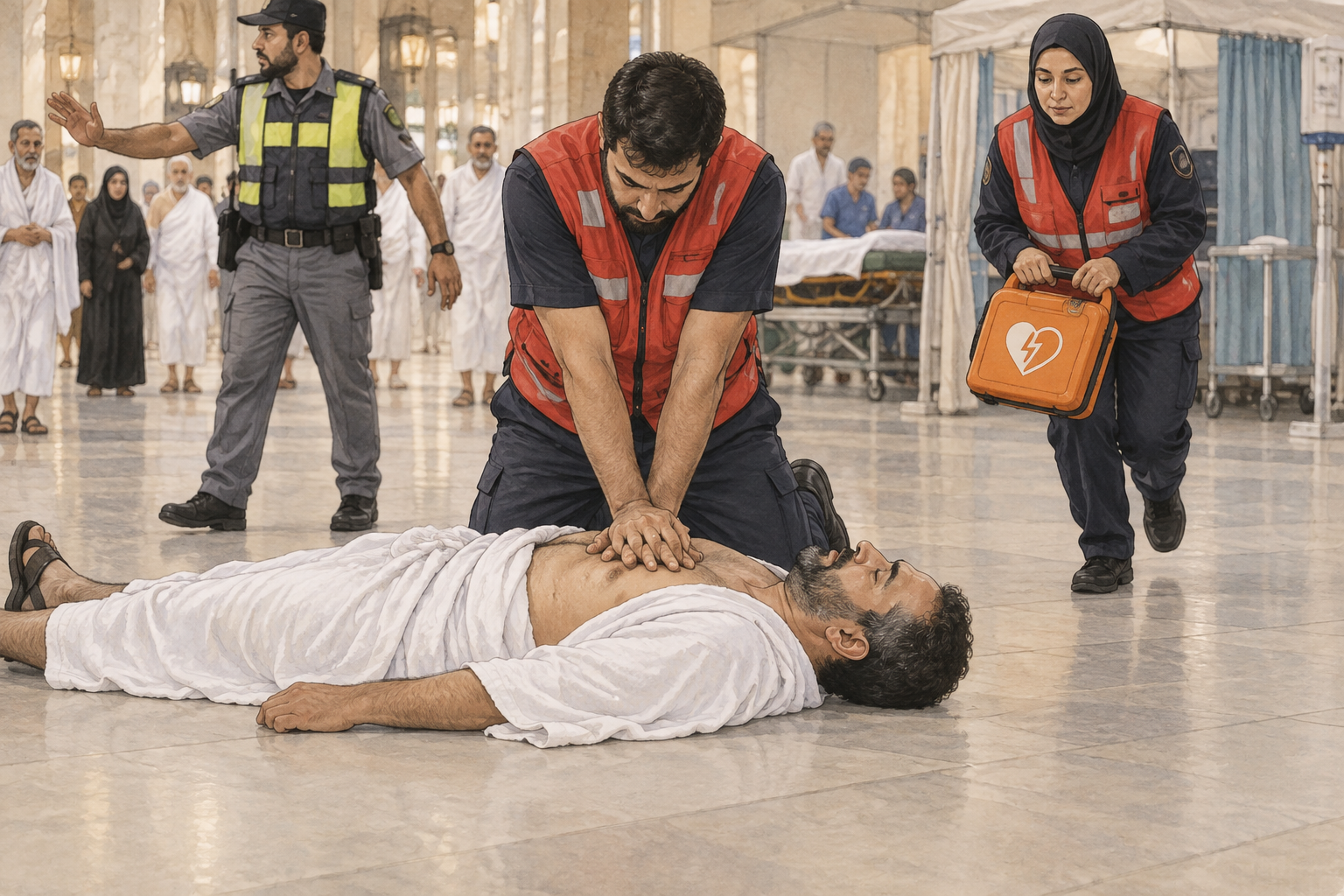 رسم تعليمي: افحص الاستجابة والتنفس وابدأ الإنعاش عند الحاجة