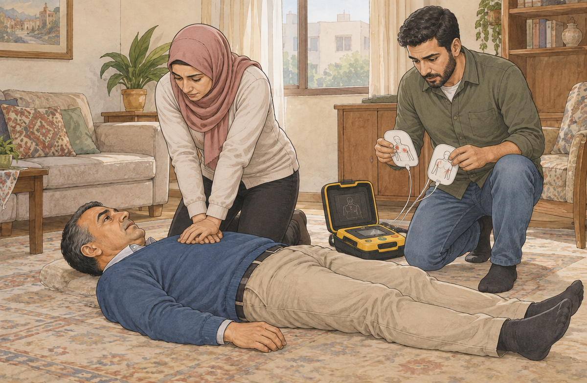 رسم تعليمي: ابدأ الإنعاش إذا غاب التنفس الطبيعي
