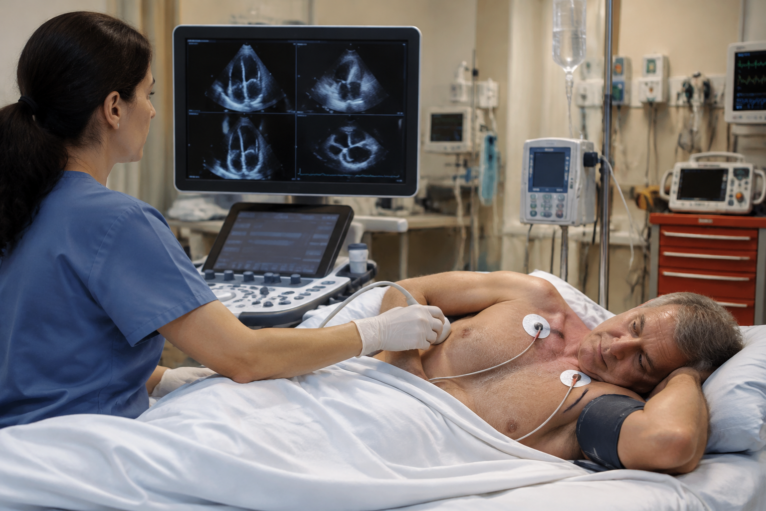 الإيكو بالإجهاد الدوائي لتقييم حيوية القلب — Pharmacologic stress echocardiography for myocardial viability assessment — صورة توضيحية للفحص