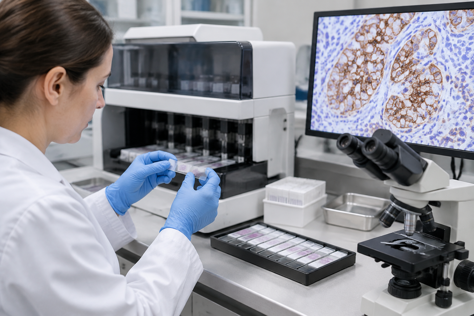 فحص التعبير المناعي لـ ALK — Anaplastic lymphoma kinase immunohistochemical expression testing (ALK) — صورة توضيحية للفحص