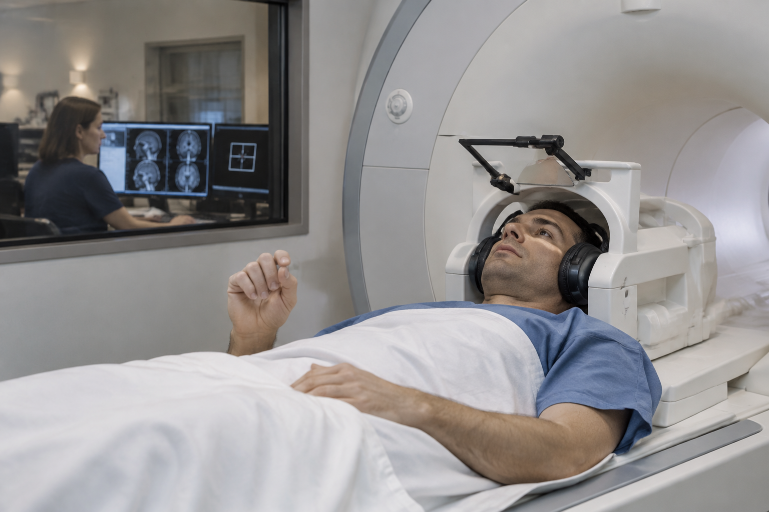 الرنين المغناطيسي الوظيفي لرسم مناطق اللغة والحركة — Functional magnetic resonance imaging for language and motor area mapping (fMRI) — صورة توضيحية للفحص