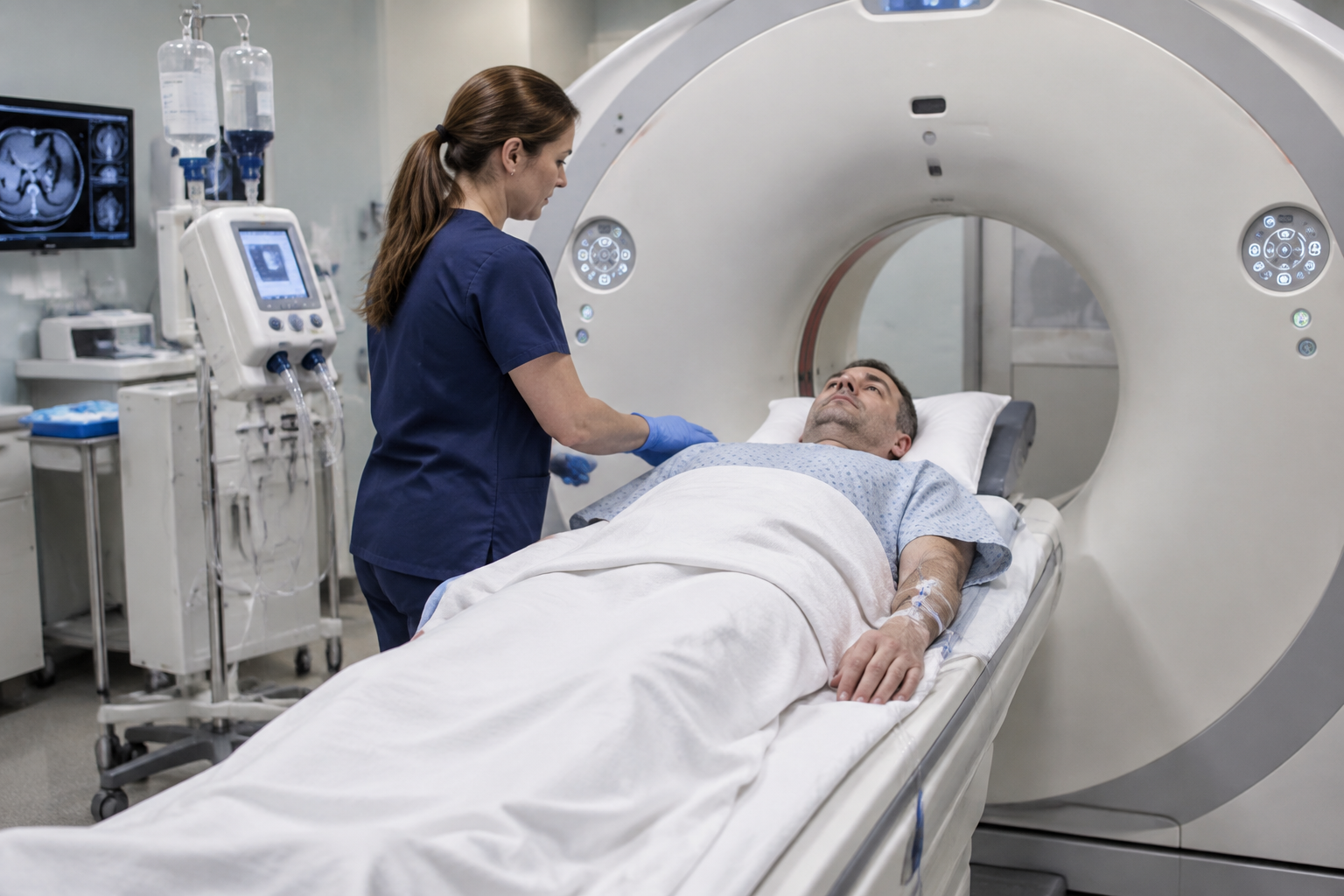الأشعة المقطعية لتقييم تسرب مفاغرة الأمعاء بعد الجراحة — Computed tomography for postoperative intestinal anastomotic leak evaluation (CT) — صورة توضيحية للفحص