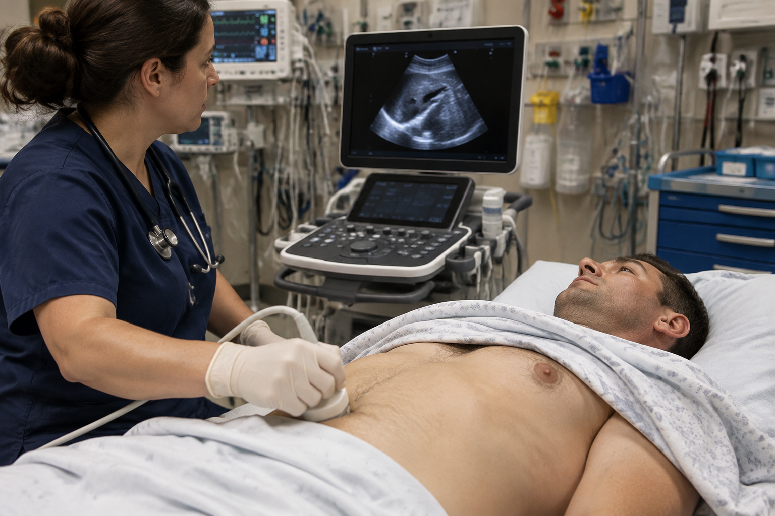 السونار المركّز للبطن والصدمة — Focused assessment with sonography for trauma (FAST) — صورة توضيحية للفحص