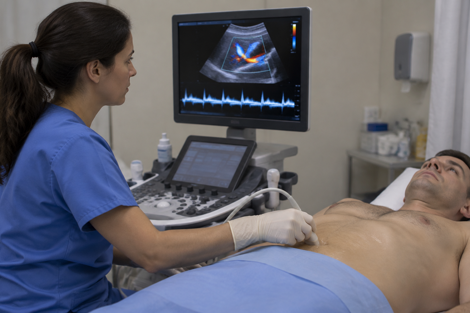 دوبلر الأوردة الكلوية لتقييم متلازمة كسارة البندق — Renal vein Doppler ultrasound for nutcracker syndrome evaluation — صورة توضيحية للفحص