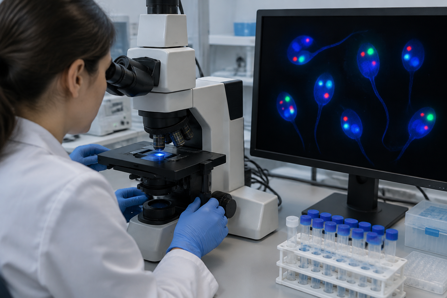 اختبار اختلال الصبغيات بالحيوانات المنوية — Sperm aneuploidy testing by fluorescence in situ hybridization (FISH) — صورة توضيحية للفحص