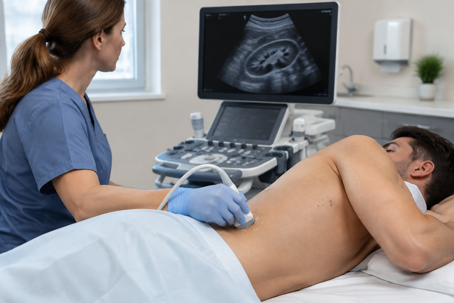 سونار الكلى والمثانة — Kidney and Bladder Ultrasound — صورة توضيحية للفحص