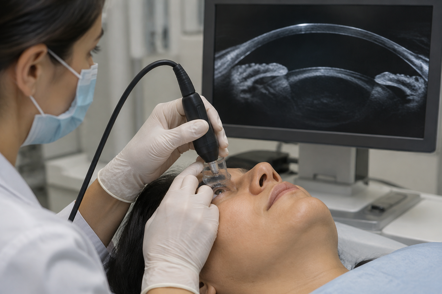 المجهر الحيوي بالموجات فوق الصوتية للجزء الأمامي من العين — Ultrasound Biomicroscopy of the Anterior Segment of the Eye (UBM) — صورة توضيحية للفحص