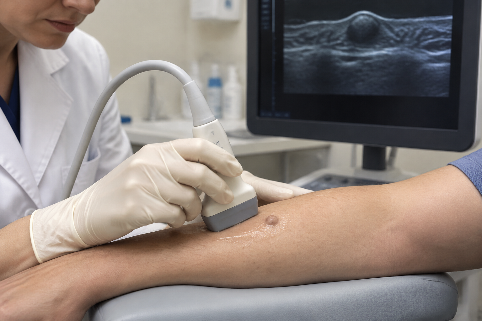سونار الجلد عالي التردد للأورام الجلدية — High-Frequency Skin Ultrasound for Cutaneous Tumors — صورة توضيحية للفحص