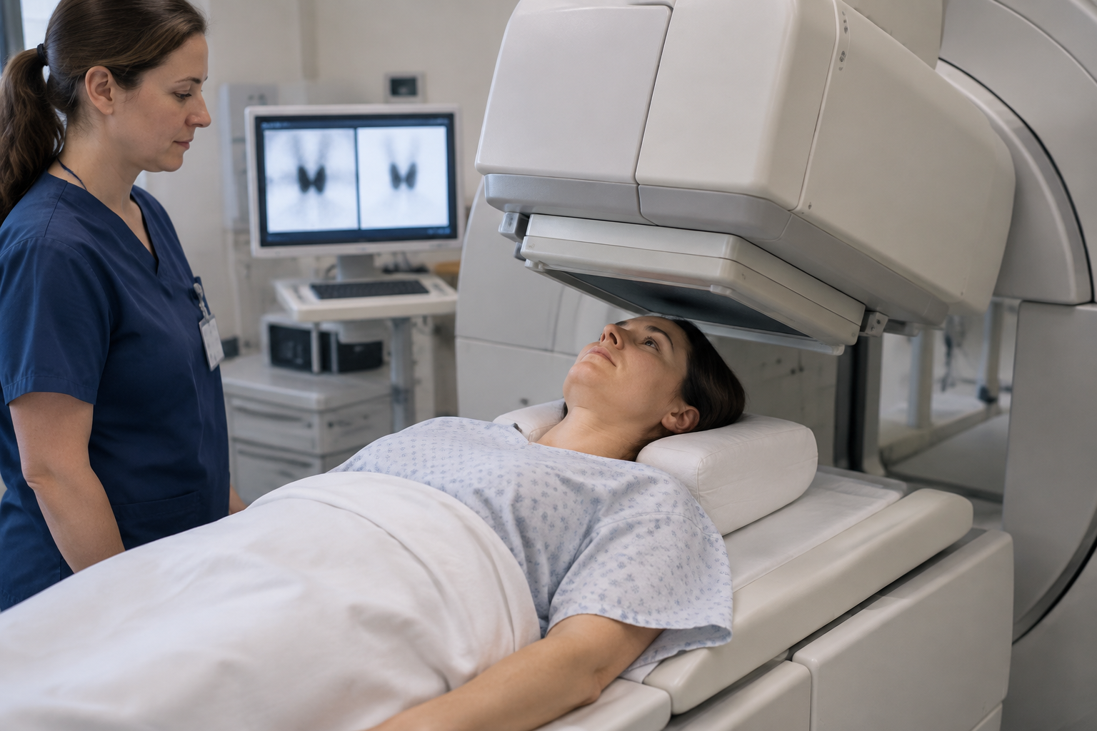 مسح الغدة الدرقية وقياس امتصاص اليود — Thyroid scintigraphy and iodine uptake measurement — صورة توضيحية للفحص