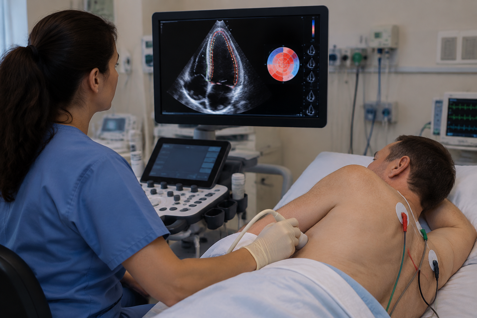 قياس إجهاد عضلة القلب بتتبع البقع — Speckle-Tracking Echocardiography for Myocardial Strain Measurement (STE) — صورة توضيحية للفحص
