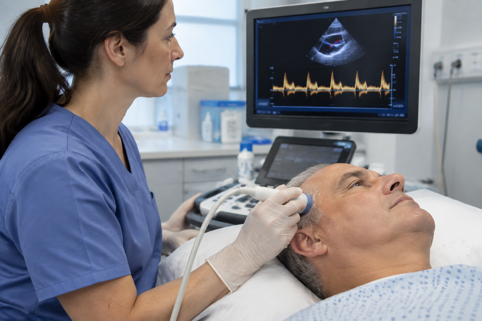 دوبلر شرايين الدماغ عبر الجمجمة — Transcranial Doppler Ultrasound of Cerebral Arteries (TCD) — صورة توضيحية للفحص