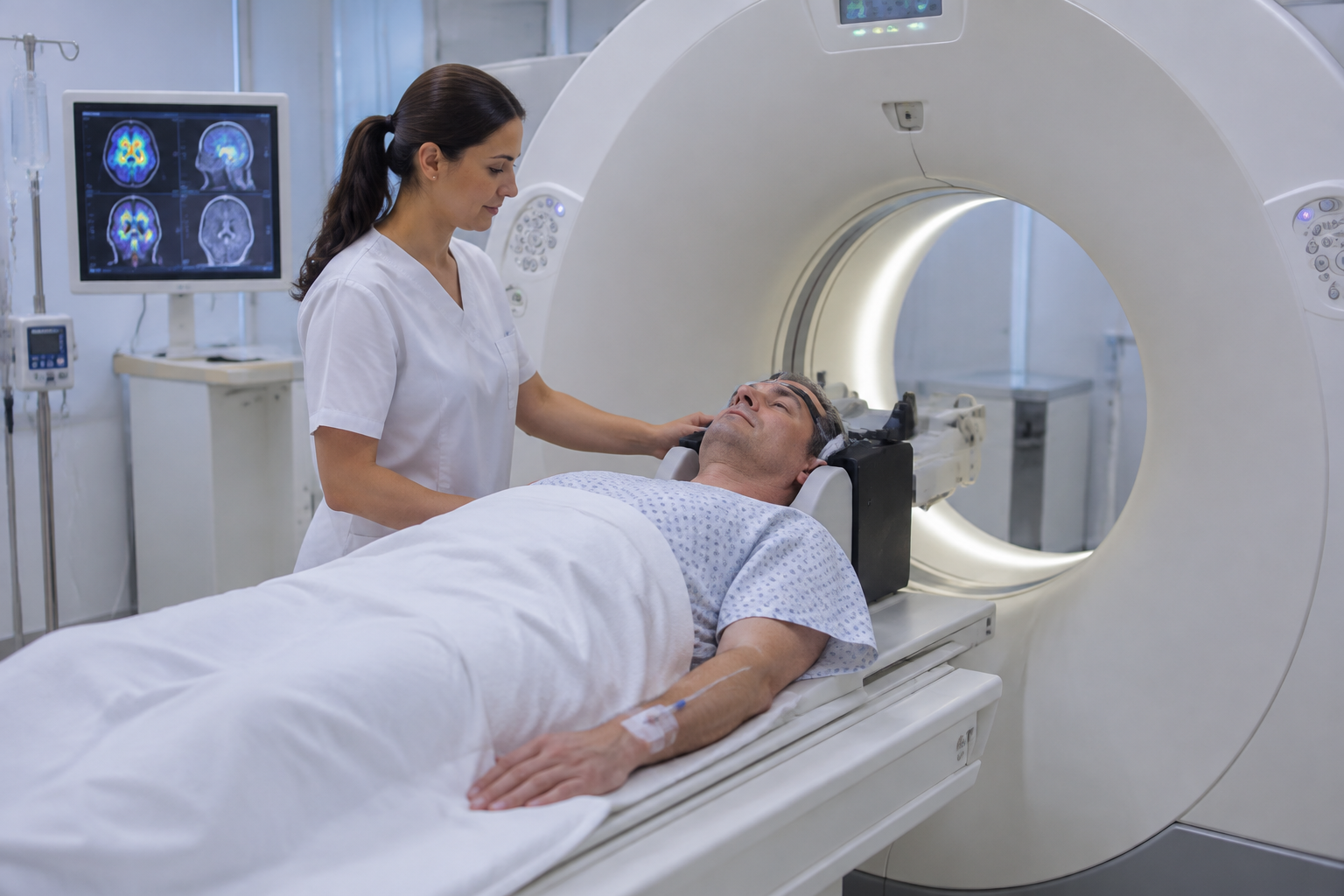 تصوير نقل الدوبامين البوزيتروني بمتتبع FDOPA — Fluorodopa Positron Emission Tomography of Dopamine Transport (FDOPA PET) — صورة توضيحية للفحص