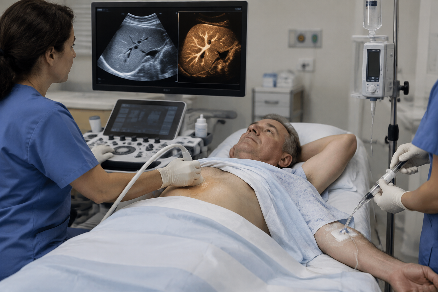 تصوير الكبد بالموجات فوق الصوتية المعززة بالصبغة — Contrast-Enhanced Liver Ultrasound (CEUS) — صورة توضيحية للفحص