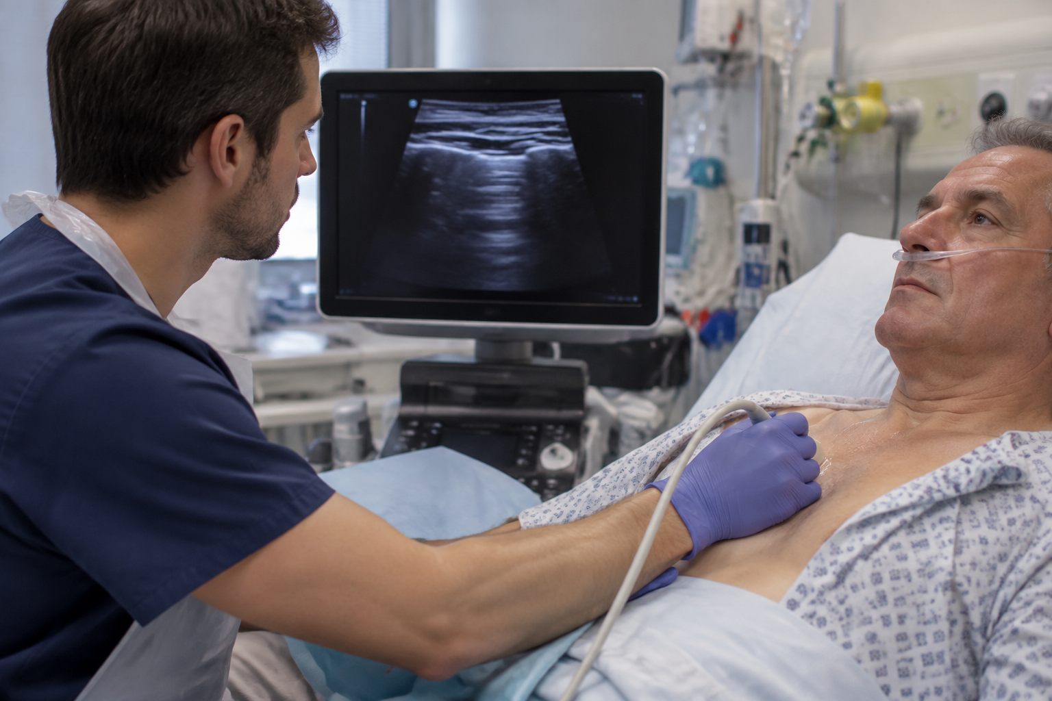 السونار لتقييم ضيق التنفس ببروتوكول BLUE — Bedside Lung Ultrasound in Emergency Protocol for Dyspnea Assessment (BLUE) — صورة توضيحية للفحص