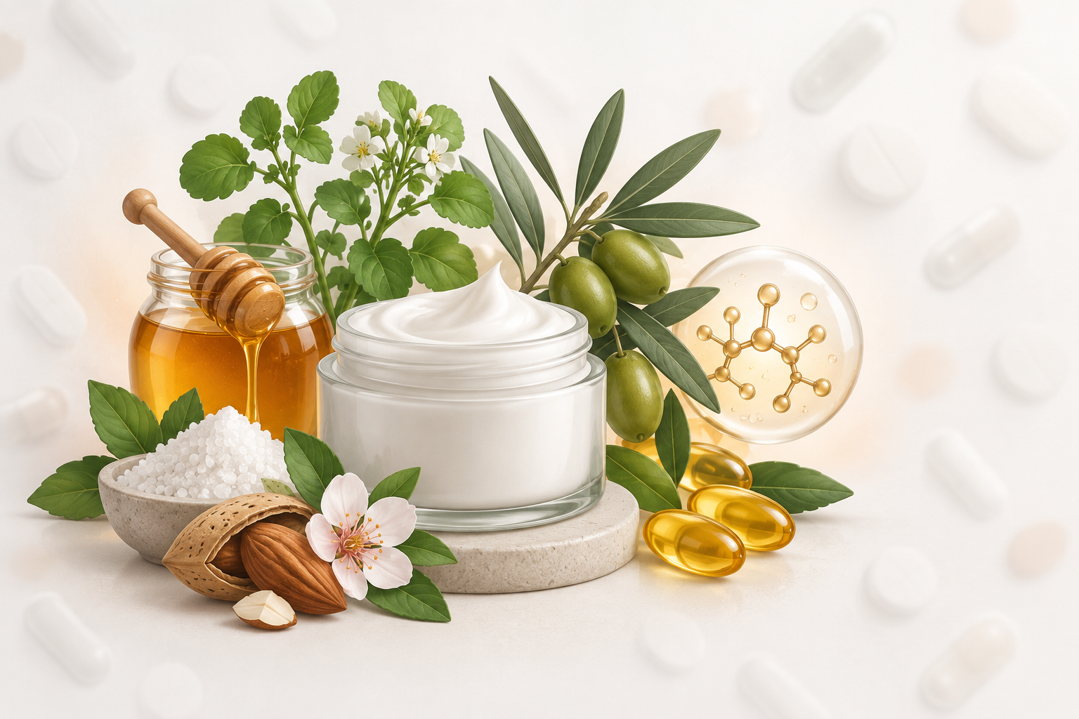 آلانتوين، عسل، جرجير الماء، زيتون، لوز مر، فيتامين إي | Allantoin, honey, nasturtium officinale, olea europea, prunus amygdalus (amara), vitamin e