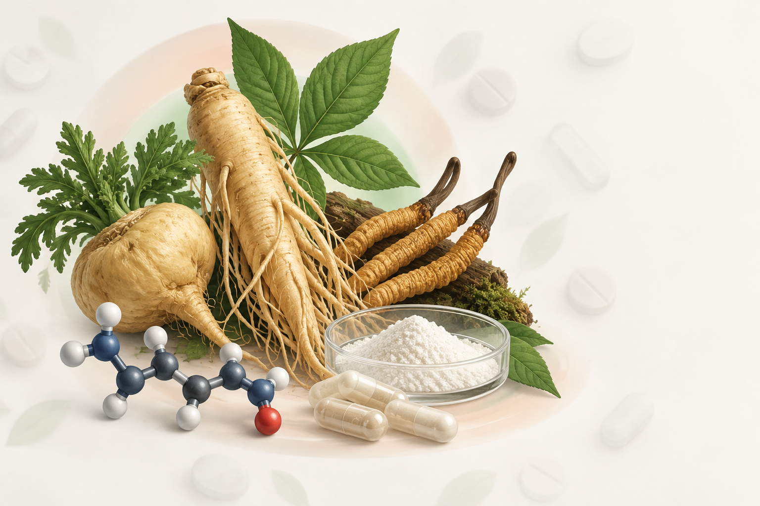 جذر الماكا، جذر الجينسنغ، إل-أرجينين، فطر الكورديسبس | Macca root, Ginseng Root, L-Arginin, Cordyseps Sinensis