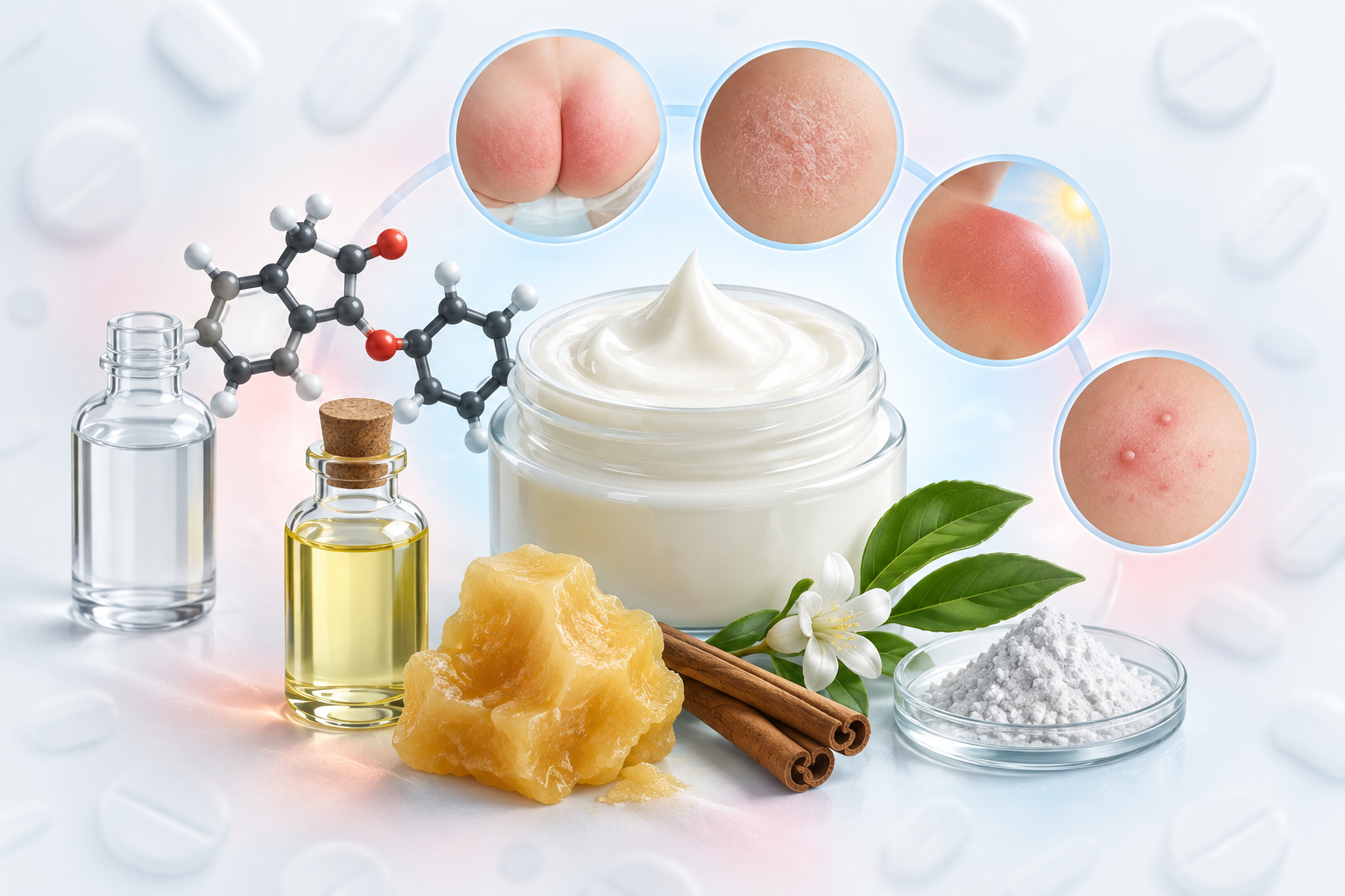 كحول البنزيل، بنزيل بنزوات، السينامين، دهون صوف الأغنام ، زنك. | Benzyl Alcohol, Benzyl Benzoate, Cinnamein, Wool Fat, Zinc
