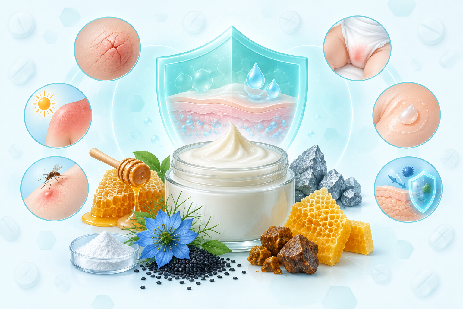 آلانتوين، عسل، حبة البركة، عكبر، شمع العسل الأصفر، زنك | Allantoin, honey, nigella sativa, propolis, yellow beeswax, zinc