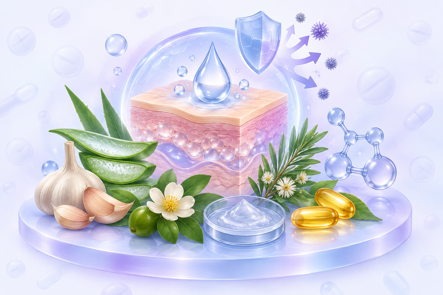 أليسين، صبر حقيقي، كالفيلم، ديميتيكون، شجرة الشاي، بانثينول، فيتامين إي | Allicin, aloe barbadensis, calophyllum, dimeticone, melaleuca alternifolia, panthenol, vitamin e
