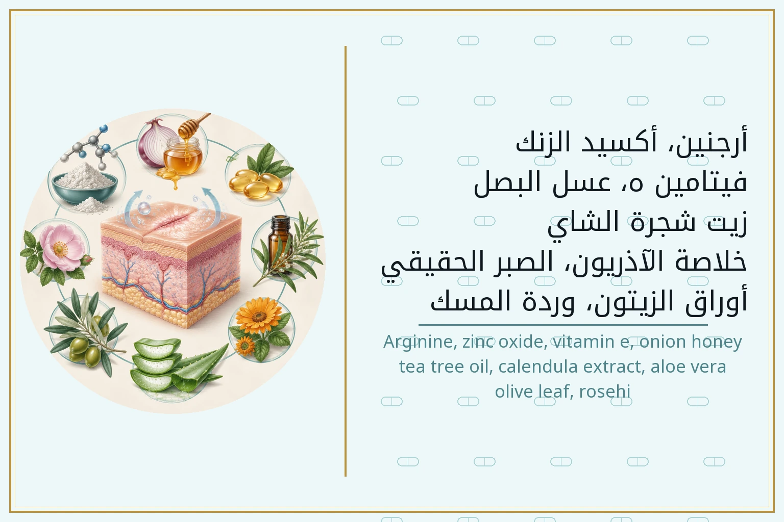 أرجنين، أكسيد الزنك، فيتامين ه، عسل البصل، زيت شجرة الشاي، خلاصة الآذريون، الصبر الحقيقي، أوراق الزيتون، وردة المسك | Arginine, zinc oxide, vitamin e, onion honey, tea tree oil, calendula extract, aloe vera, olive leaf, rosehi