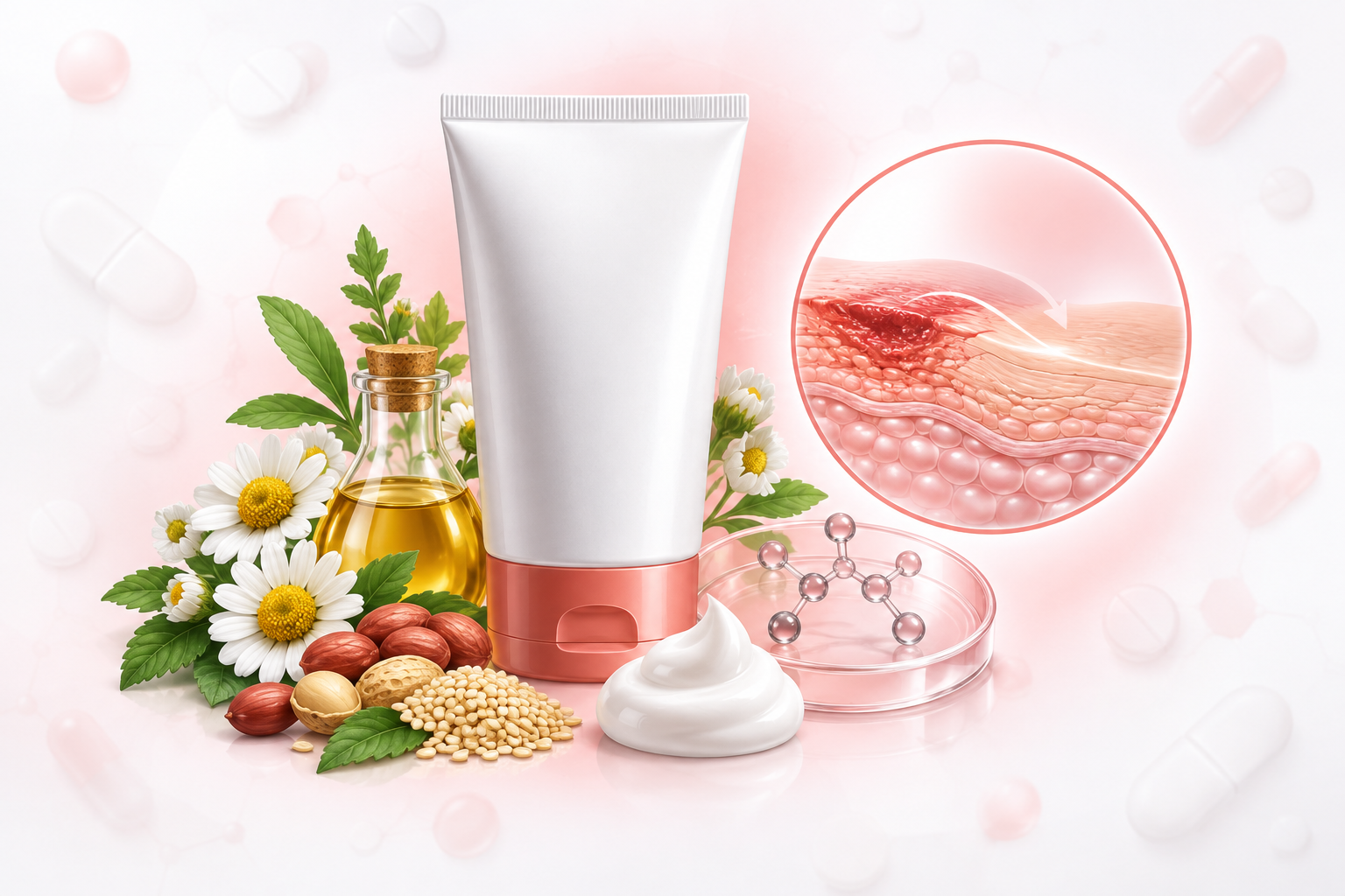 خلاصة البابونج، بانثينول، زيت السمسم، زيت جوز الهند، ستريميد | Chamomile extract, panthenol, sesame oil, peanut oil, cetrimide