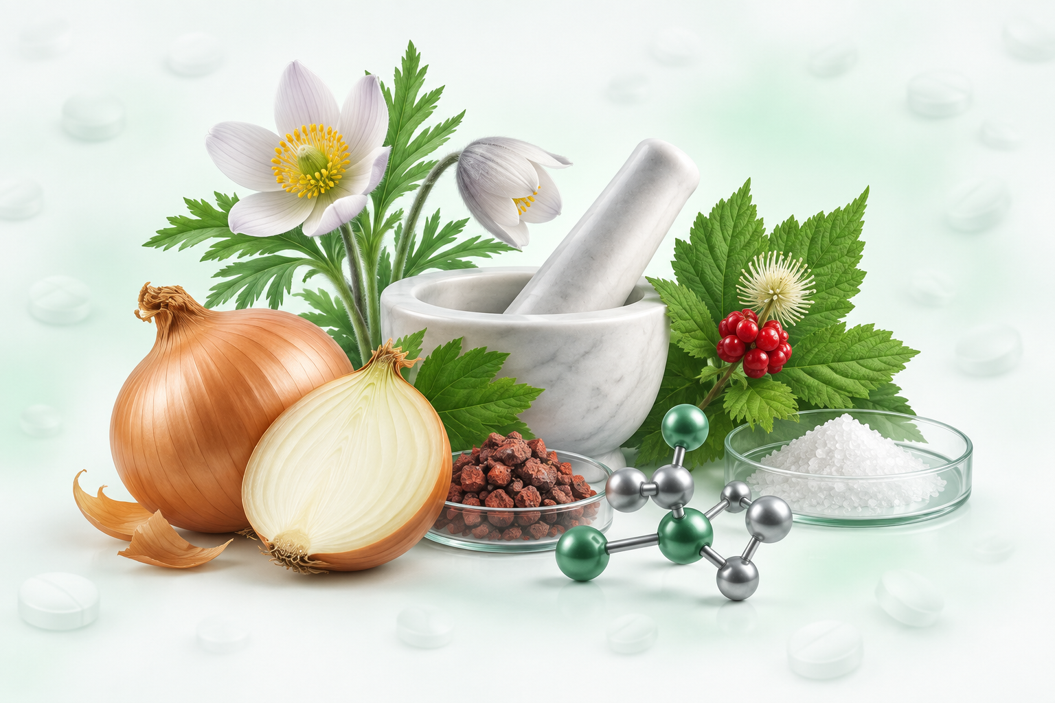 الآليوم سيبا (خلاصة البصل)، فوسفات الحديد، نبتة خاتم الذهب، كاليوم بيكروميكوم، بولساتيلا | Allium cepa, Ferrum phosphate, Hydrastis, Kalium Bichromicum, Pulsatilla