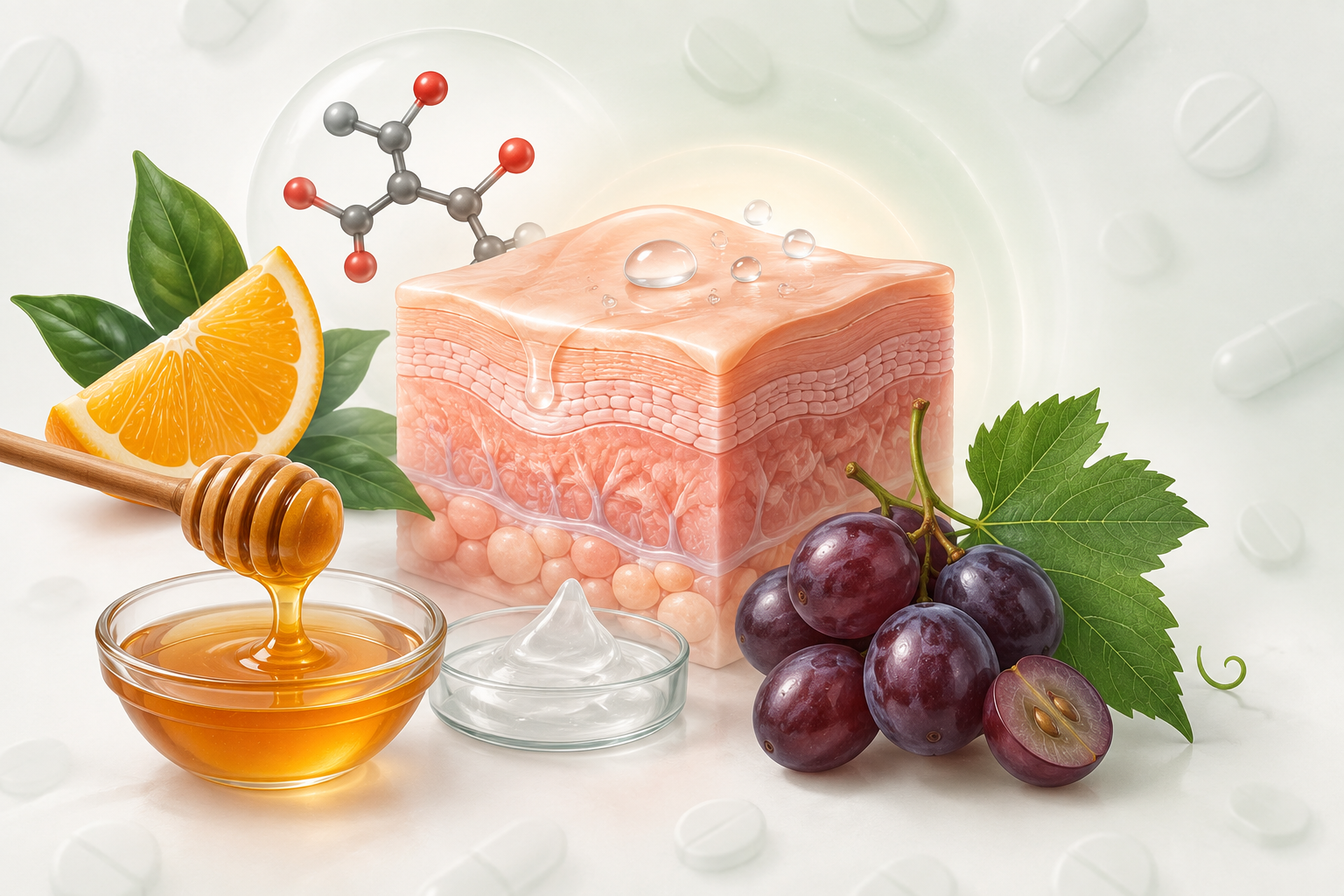 فيتامين سي، عسل، بانثينول، بذور العنب | Ascorbic Acid, Honey, Panthenol, Vitis Vinifera