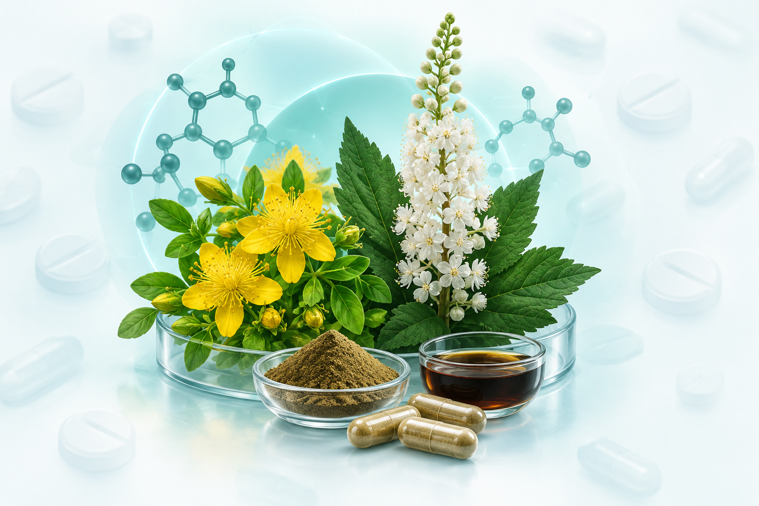 مستخلص نبتة سانت جون، مستخلص الكوهوش الأسود | St John s Wort Dry Extract (Hypericum perforatum L) , Black Cohosh Dry Extract (Actaea racemose L.)
