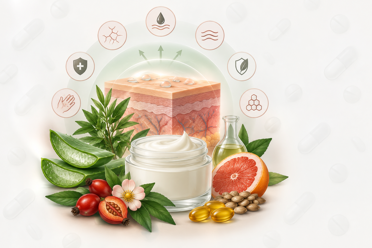 زيت شجرة الشاي، جيل خلاصة الصبر الحقيقي، زيت براعم الزهر، بانثينول، خلاصة بذور جريب فروت، فيتامين ه، فيتامين أ | Tea tree oil, aloe vera gel, rose hip oil, panthenol, grapefruit seed extract, vitamin e, vitamin a