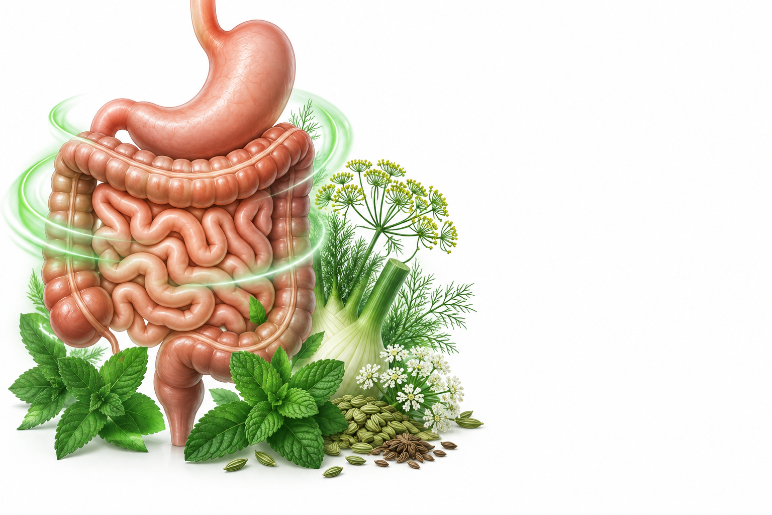 شبت، شمر شائع، نعناع مدبب، يانسون | anethum graveolens, foeniculum vulgare, mentha viridis, pimpinella anisum — رسم توضيحي لفئة مغص معوي