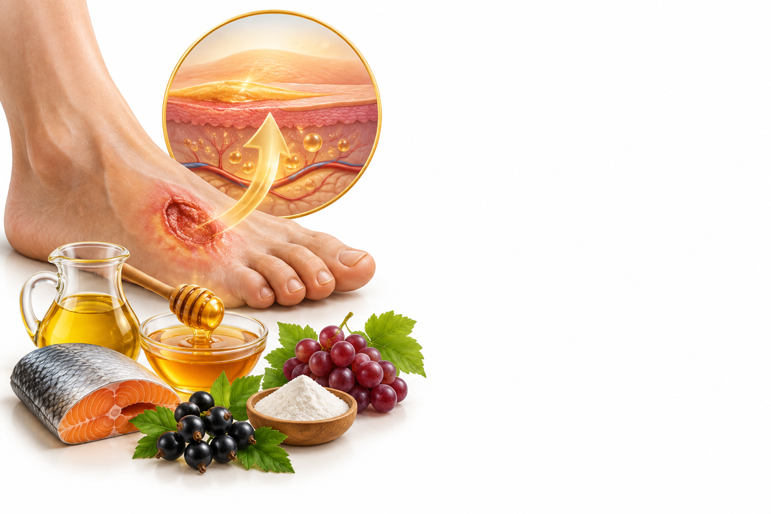 زيت السمك، العسل،الغليسرول،كرمة نبيذية، صمغ الزانثان، كشمش | fish, glycerol, honey, ribes nigrum, vitis vinifera, xanthan gum — رسم توضيحي لفئة قرحة سكرية