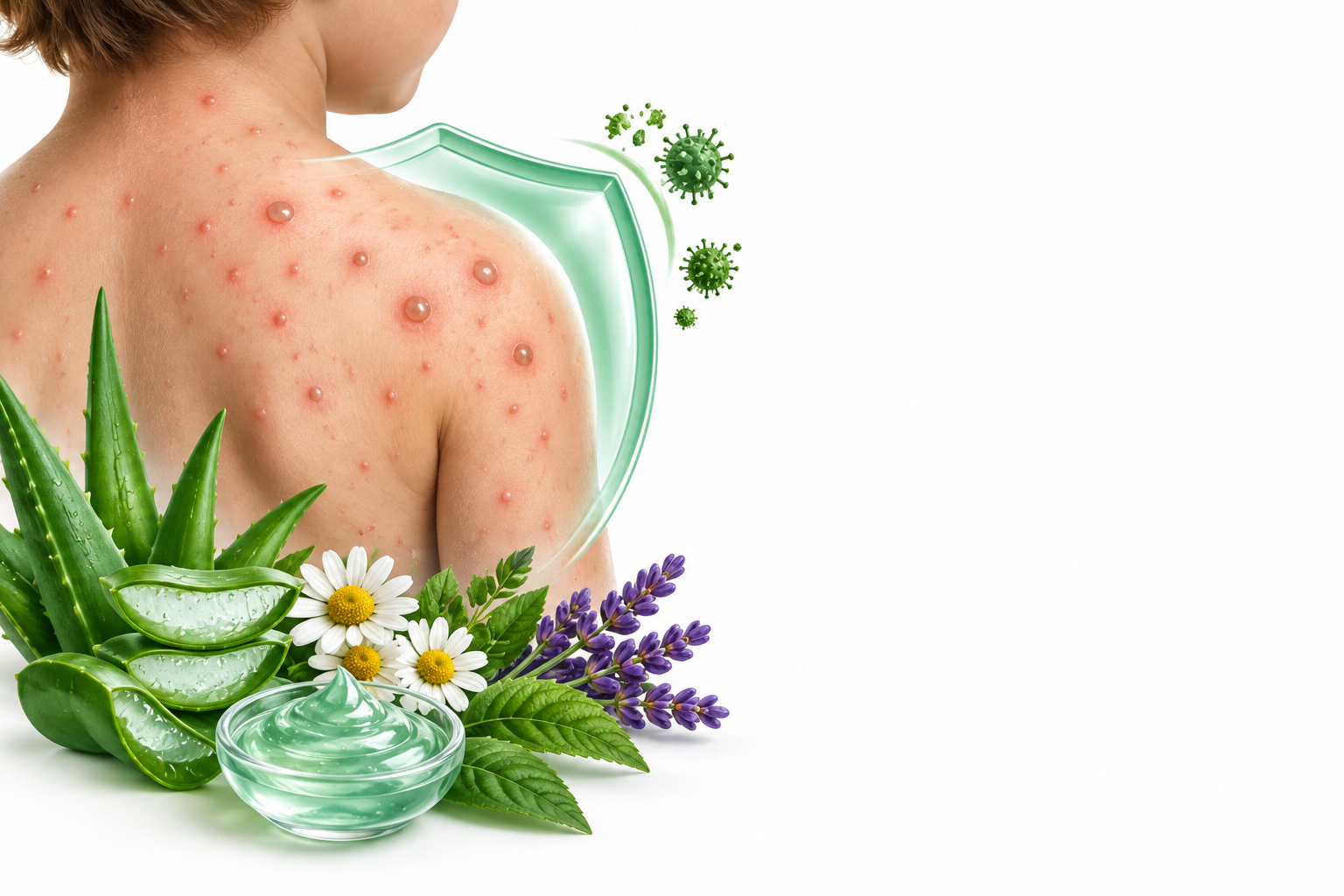 آلانتوين، صبر حقيقي، ضرم ضيق الأوراق، بابونج ألماني، بانتوثينيل | allantoin, aloe barbadensis, lavandula angustifolia, matricaria chamomilla, panthenol — رسم توضيحي لفئة جدري الماء
