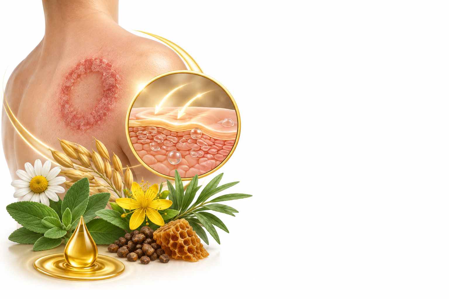 آلانتوين، الشوفان، العرن المثقوب، شجرة الشاي، العكبر، مريمية | allantoin, avena sativa, hypericum perforatum, melaleuca alternifolia, propolis, salvia officinalis — رسم توضيحي لفئة سعفة الجسد