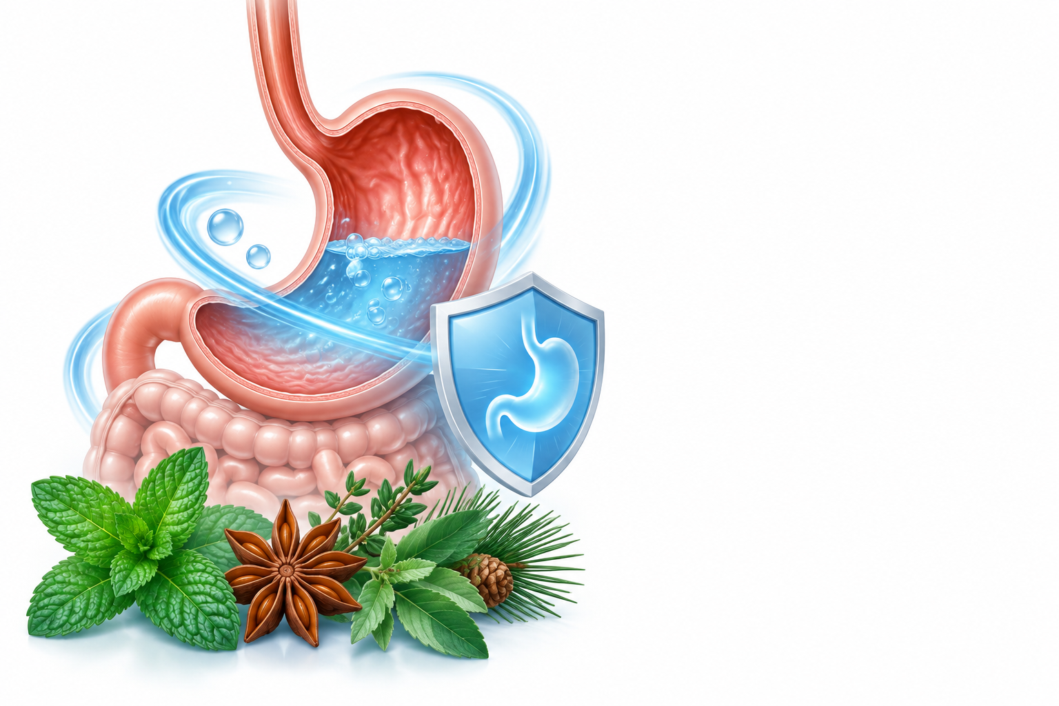 يانسون، كامفين، بينين، ثيمول، منثول | anise, camphene, pinene, thymol, menthol — رسم توضيحي لفئة عسر الهضم